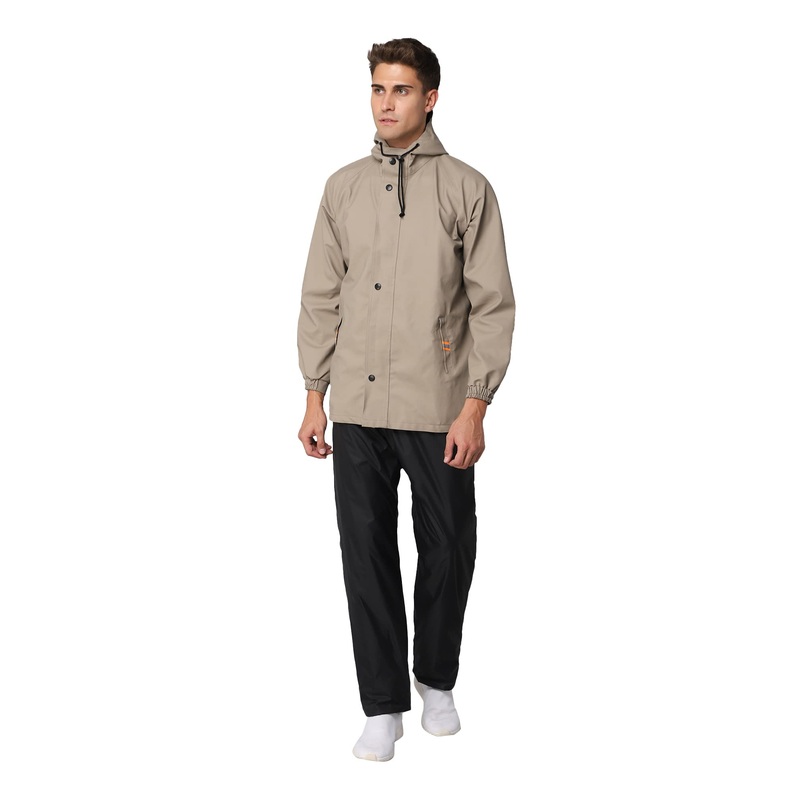 Combo: THE CLOWNFISH Jovian PVC Waterproof Raincoat for Men | Adjustable Hood, Set of Top & Bottom | X-Large | Beige