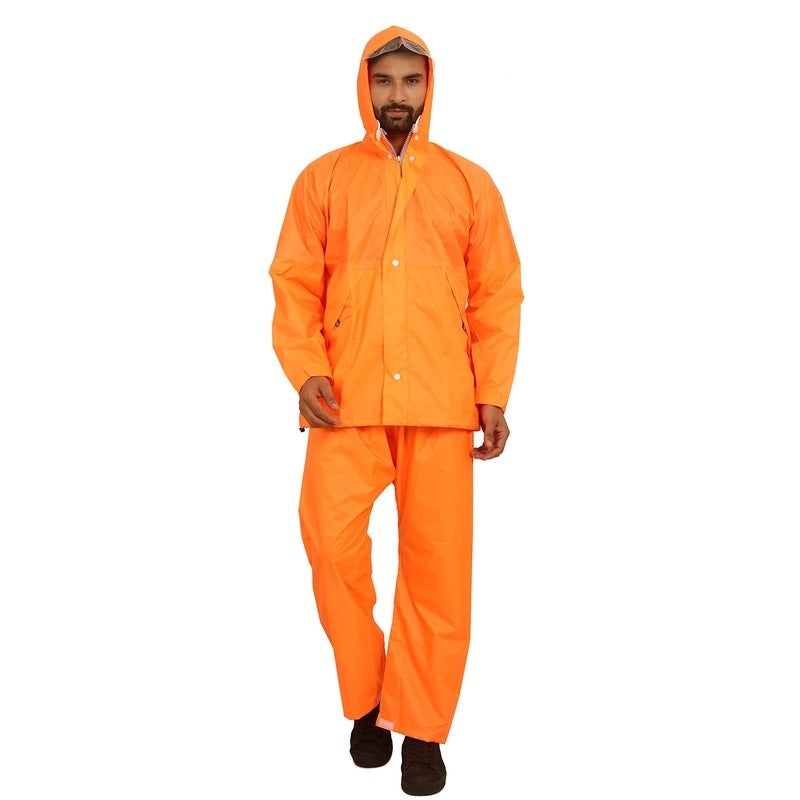 Men Rain Coat with Hood - Waterproof & Comfortable | Set of Top and Bottom | X-Large | Classic Pro Orange