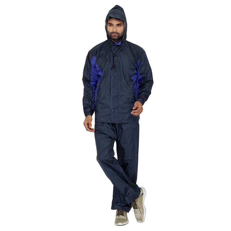 Men's Waterproof Polyester Double Coating Reversible Raincoat | Hood and Reflector | Large | Navy Blue