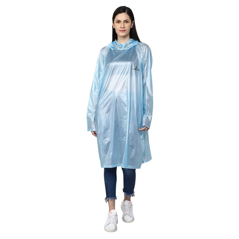 THE CLOWNFISH Avalon Series Womens Waterproof PVC Transparent Self Design Pullover Longcoat/Raincoat with Adjustable Hood (Sky Blue, XX-Large)