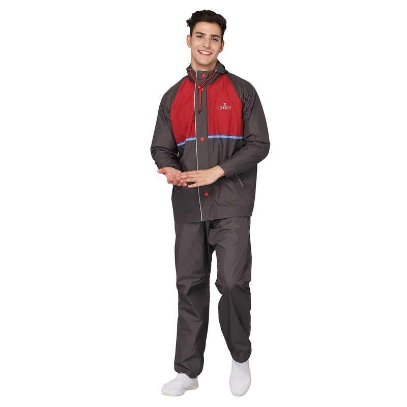 THE CLOWNFISH Cyrus Series Mens Waterproof Polyester Double Coating Reversible Raincoat with Hood and Reflector Logo at Back. Set of Top and Bottom. Printed Plastic Pouch with Rope (Black, Large)