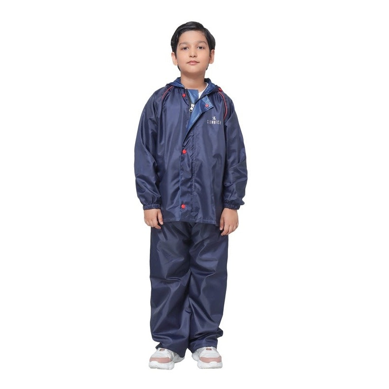 THE CLOWNFISH Duke Series Kids Waterproof Polyester Double Coating Reversible Raincoat with Hood and Reflector Logo at Back. Set of Top and Bottom. Printed Plastic Pouch. Kid Age-14-16 years (Blue)