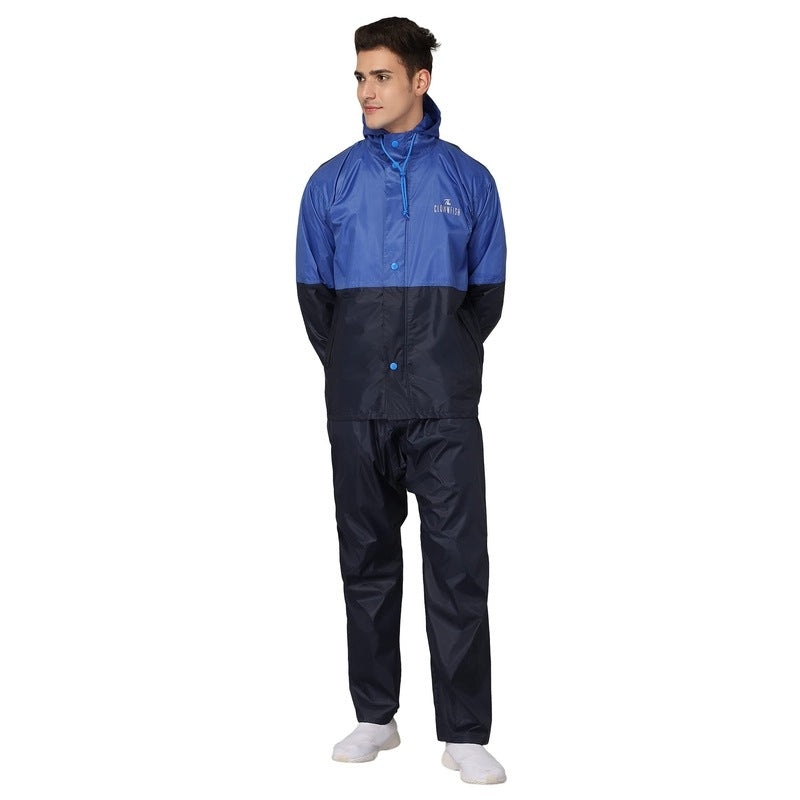 The Clownfish Julius Series Men's Waterproof Polyester Double Coating Raincoat with Hood and Reflector Logo at Back for Night Travelling. Set of Top and Bottom. Printed Plastic Pouch with Rope ( Blue, XX-Large)