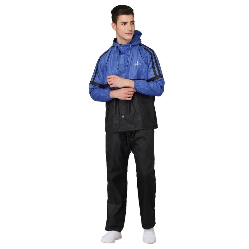 The Clownfish Leo Men's Waterproof Polyester Double Coating Reversible Raincoat with Hood and Reflector Logo at Back for Night Travelling. Set of Top and Bottom. Printed Plastic Pouch with Rope ( Black, Large)