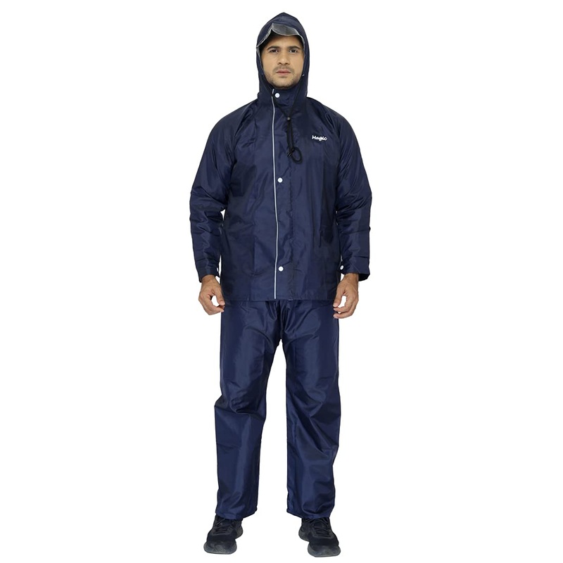 THE CLOWNFISH Magic Series Reversible Men's Polyester Double Layer Waterproof Raincoat with Hood and Reflector at Back for Night Travelling. Set of Top and Bottom Packed in a Storage Bag (Blue, XXL)