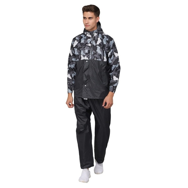 THE CLOWNFISH Napoleon Series Men's Waterproof Nylon Double Coating Reversible Raincoat with Hood and Reflector Logo at Back. Set of Top and Bottom. Printed Plastic Pouch with Rope (Grey, Large)