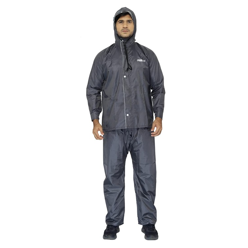 THE CLOWNFISH Opener Series Men's Polyester Solid Double Layer Reversible Use Waterproof Rain coat with Hood and Reflector Logo at Back Set of Top and Bottom Packed in a Storage Bag (Grey, Large)