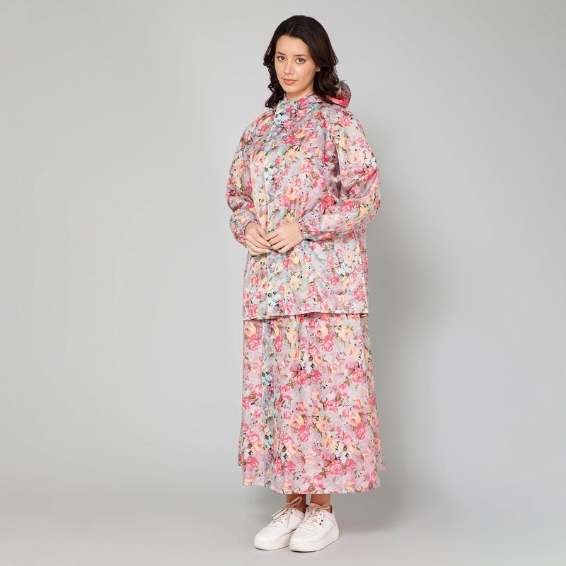 THE CLOWNFISH Polyester Waterproof Rain Coat For Women Skirt and Top Raincoat With Adjustable Hood and Front Pockets Rain Glam Series (Multicolour Floral, XX-Large)
