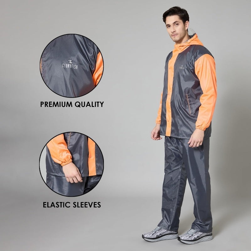 THE CLOWNFISH Raincoats for Men Waterproof Reversible for Bike Double Layer with Hood Rain Coat for Men. Set of Top and Bottom. Color Block Series (Grey/Orange, L)