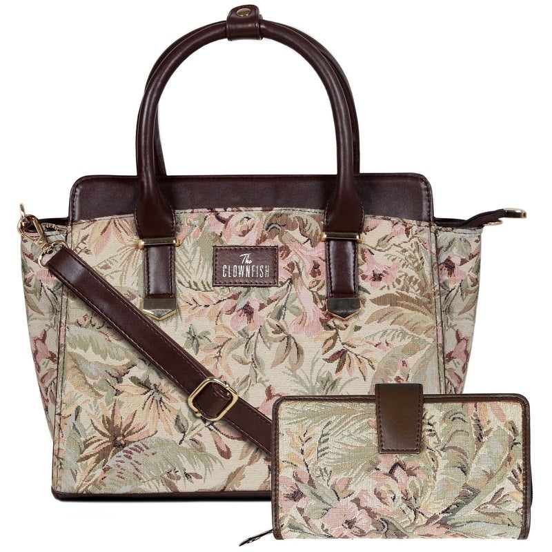 THE CLOWNFISH Reina Handbag & Wallet Combo - Faux Leather, Chic Design | 11L | Beige