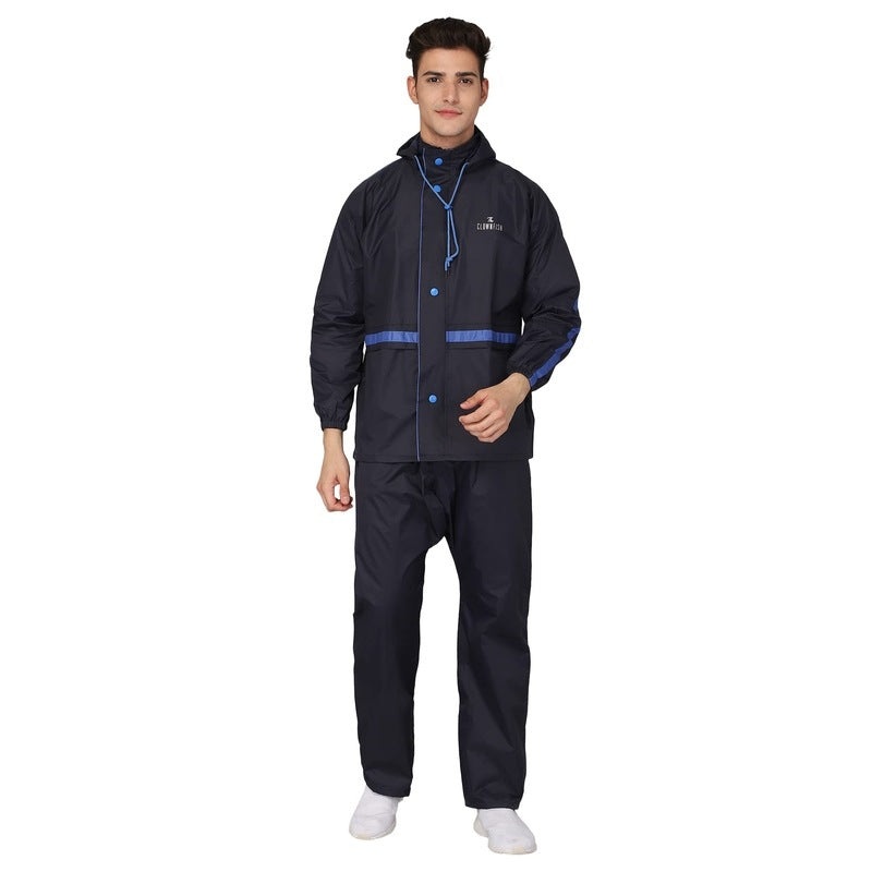 THE CLOWNFISH Richard Series Men's Waterproof Nylon Double Coating Reversible Raincoat with Hood and Reflector Logo at Back. Set of Top and Bottom. Printed Plastic Pouch with Rope (Blue, Large)