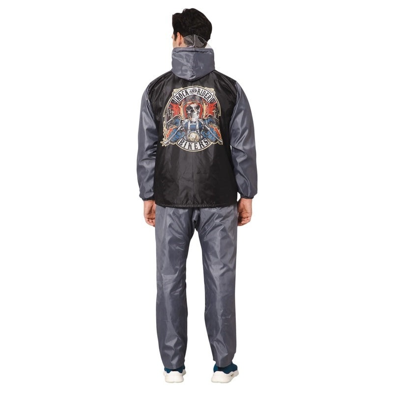 THE CLOWNFISH Rock Rider Mens Waterproof Raincoat Polyester Double Coating Reversible Rain Suit with Hood & Inner Mobile Pocket. Set of Top and Bottom. Printed Plastic Pouch (Black, XXX-Large)