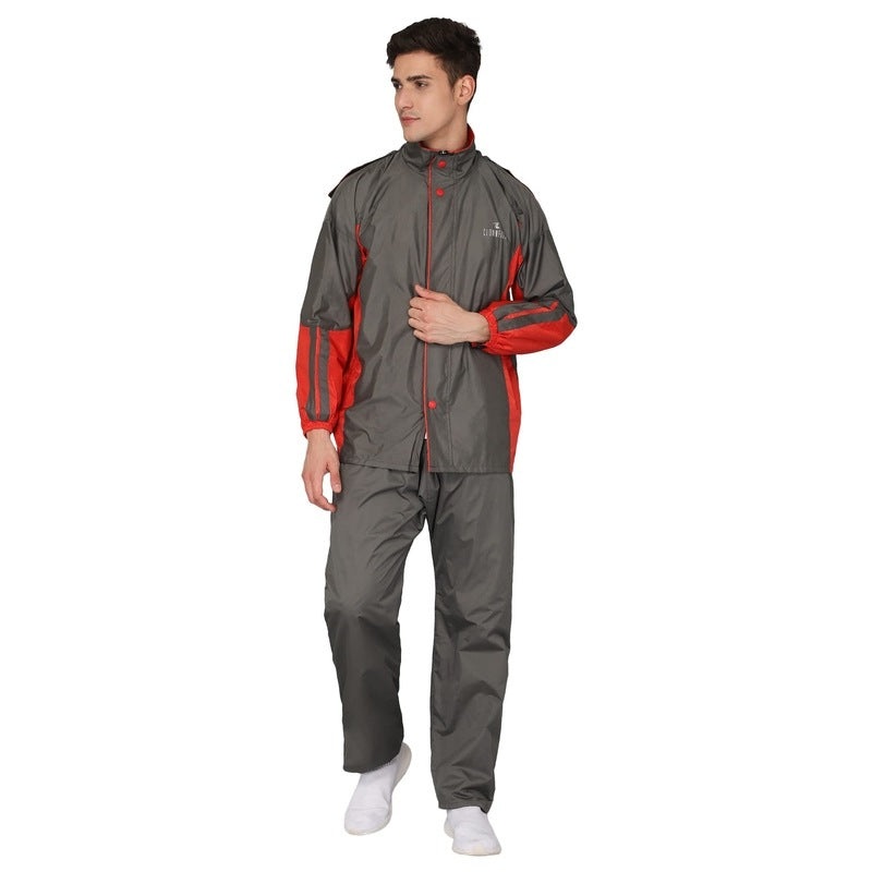 THE CLOWNFISH Solomon Series Men's Waterproof Polyester Double Coating Reversible Raincoat with Hood and Reflector Logo at Back. Set of Top and Bottom. Printed Plastic Pouch with Rope (Grey, Large)