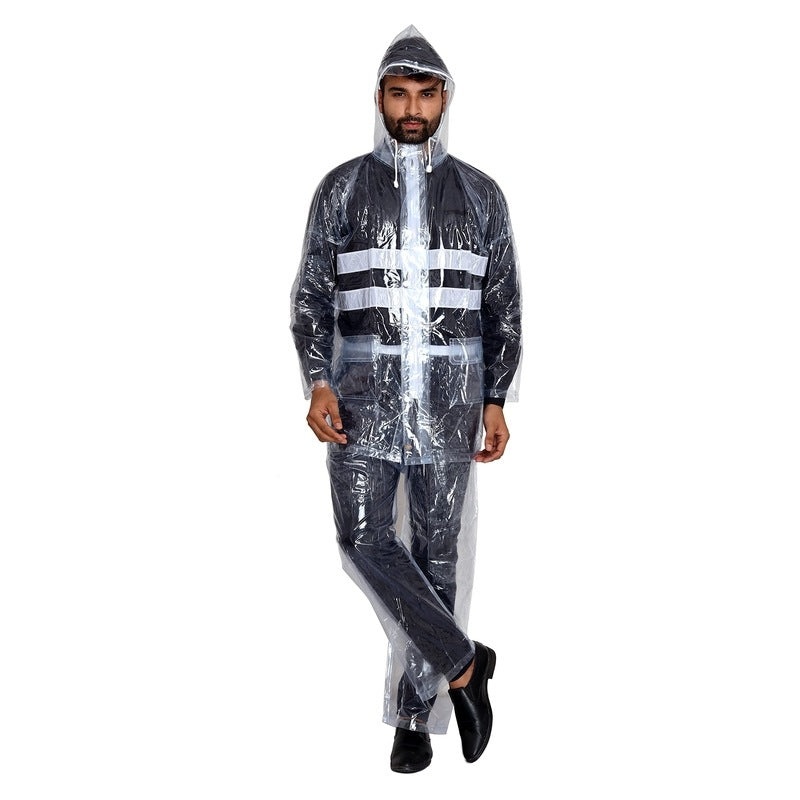 THE CLOWNFISH Zavier Rain Coat for Men Waterproof PVC for Bike with Hood and Reflective Stripes Raincoat for Men Set of Top and Bottom Packed in a Storage Bag (Transparent XXX-Large)