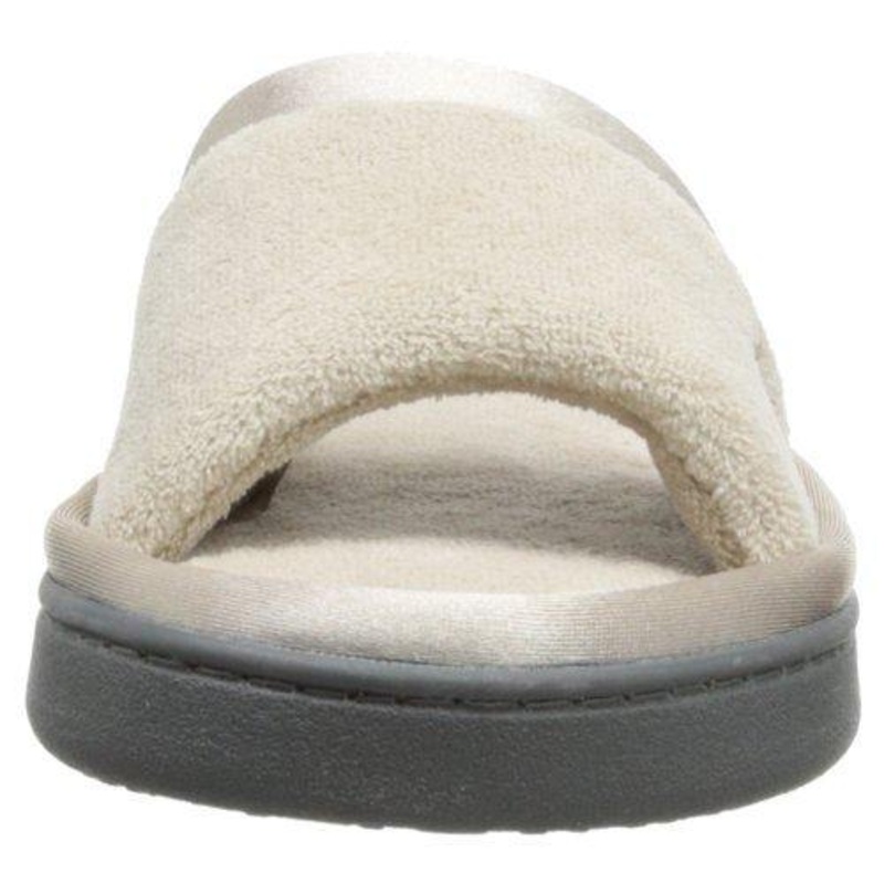 isotoner Women's Microterry Slide Slipper with Satin Trim, Stone, 8.5/9