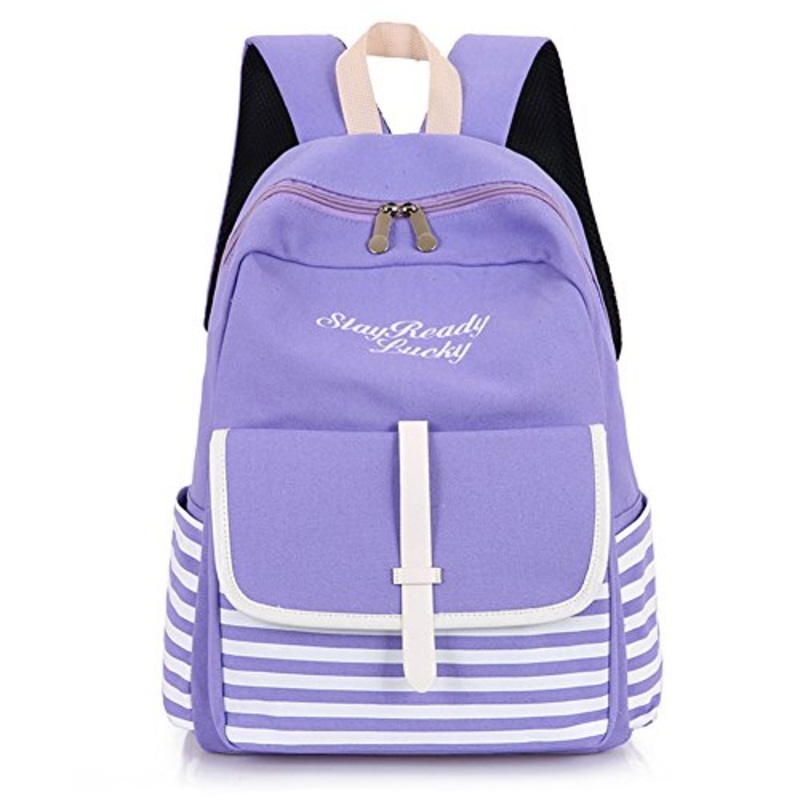 Wintefei Useful Schoolbag Fashion Backpack Striped Letters Embroidered School Bag Rucksack Shoulders Bag - Purple