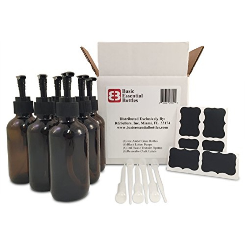 (6) 4 Ounce 4 oz Empty Amber Glass Bottles W/black Lotion Pump Tops (6) 3ml Pipettes (6) Chalk Labels for Oils, Cleaning Products, Aromatherapy, Shampoo, Lotions, Soaps, etc.