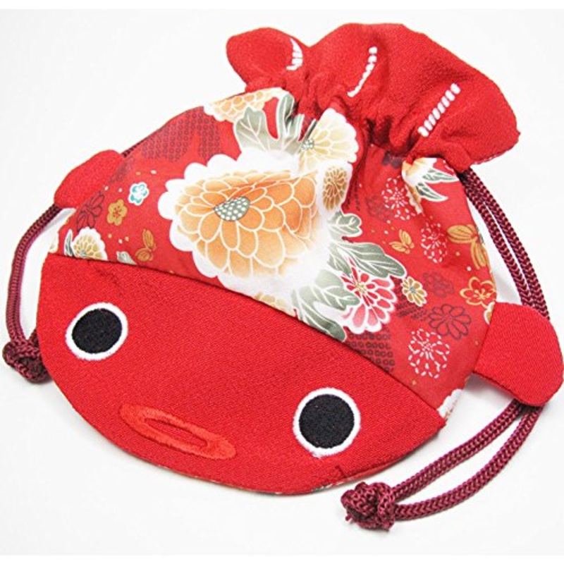 DAISO Japanese Kimono Fabric Cosmetic Goldfish Small Purse Kinchaku - Red Fish Bag