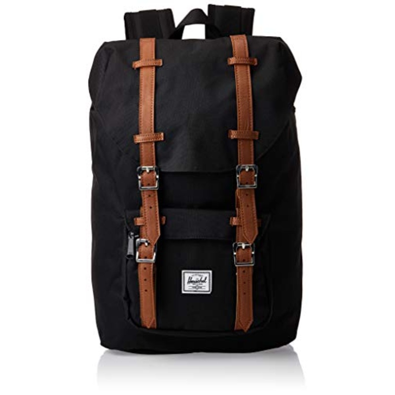 Herschel Little America Laptop Backpack, Black/Tan Synthetic Leather, Mid-Volume 17.0L