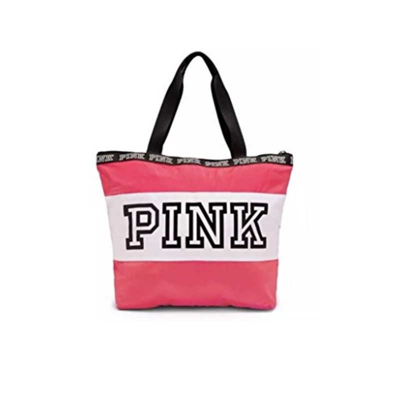 Victoria'S Secret Pink Neon Hot Pink White Logo Zip Tote Bag