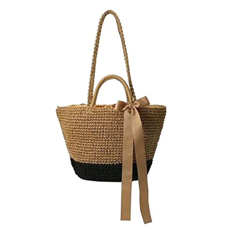 Straw Bag Beach Handbag Summer Bag Lightweight Holiday Style [Brown And Black]