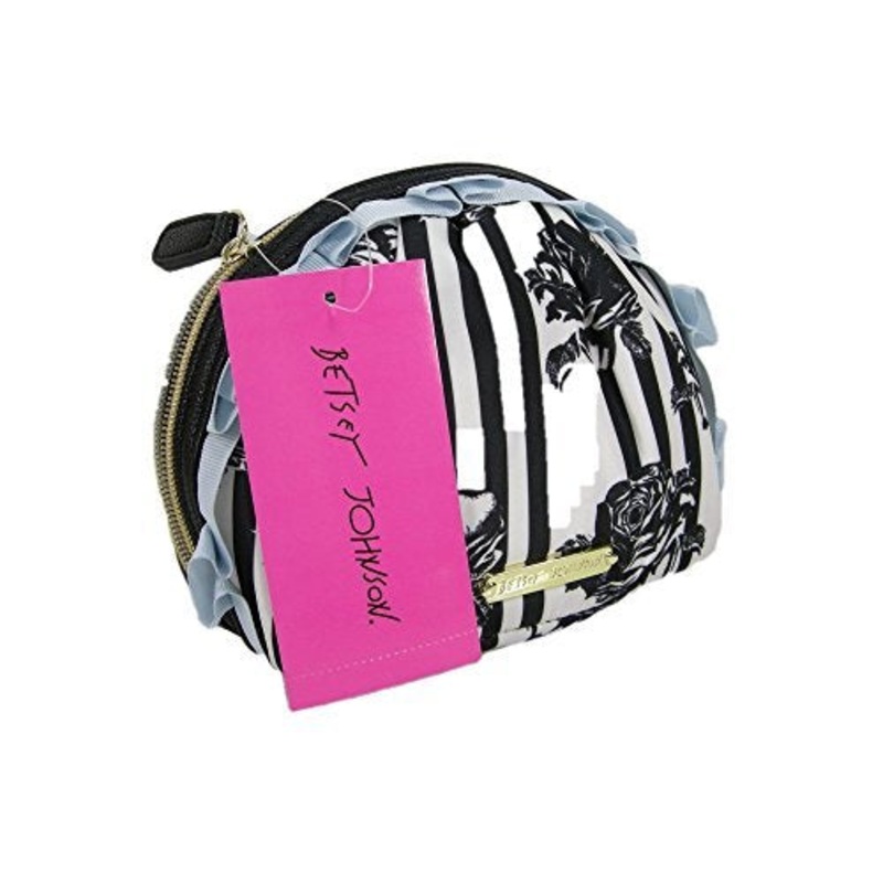 New Betsey Johnson Logo Cosmetics Make Up Bag Case Black White Floral Roses