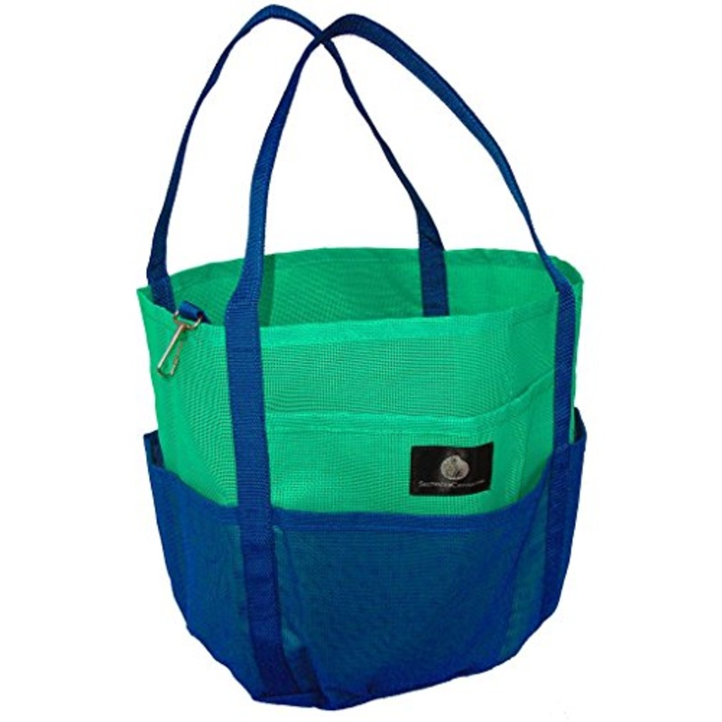 Saltwater Canvas Mesh Dolphin Bag, 7 Pockets, Medium Beach Tote, Gym, Green Navy