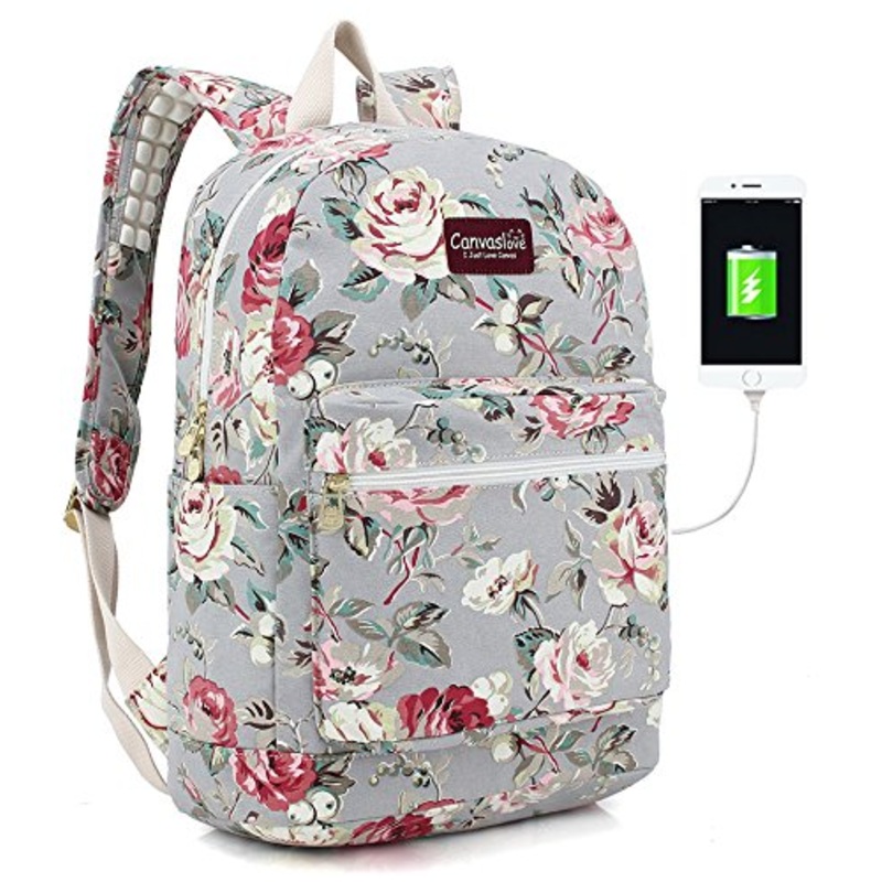 Canvaslove Rose Blue Canvas Waterproof Laptop Backpack With Massage Cushion Straps And Usb Charging