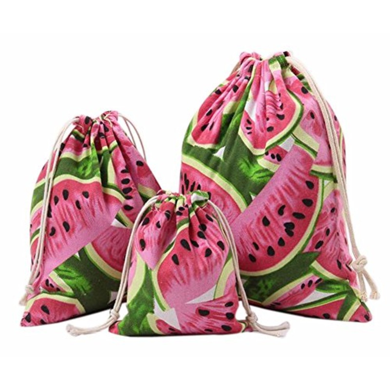 Set Of 3 Practical Travel Sports Storage Drawstring Bags Canvas Watermelon