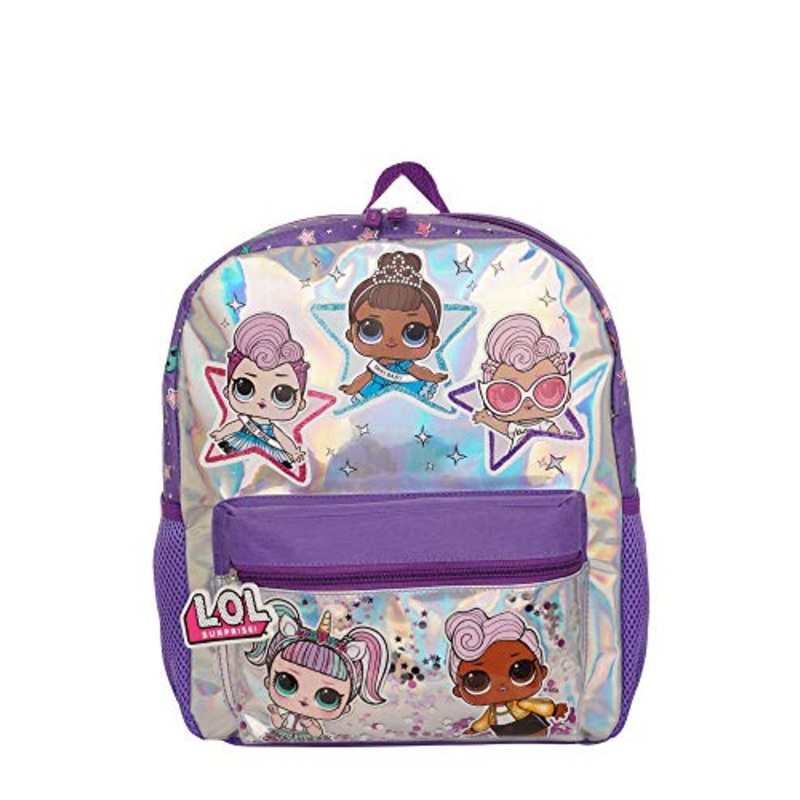 LOL Dolls Backpack for Toddlers, Iridescent Glitter Printed Girl's BookBag with Front Pocket, Padded Back and Adjustable Shoulder Straps, Kid's Daypack for School, Camping or Travel