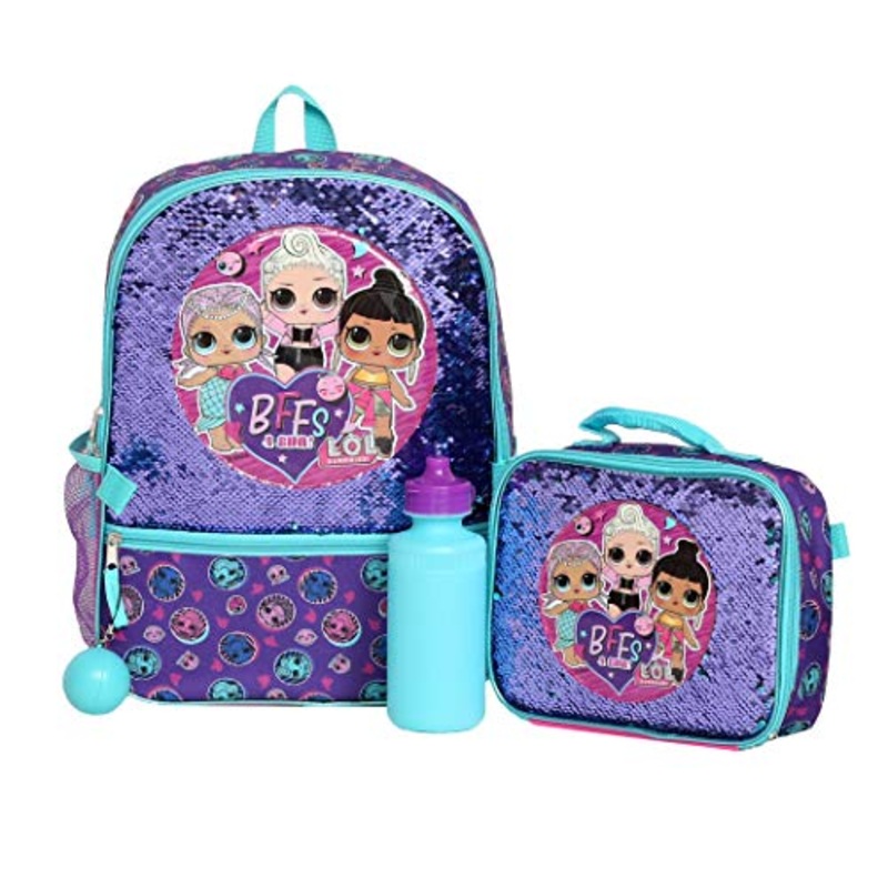 LOL Girls 4 Piece Backpack Set, Sequined School Bag with Front Panel and Mesh Pockets, Insulated Lunch Bag, with Water Bottle and Squish Ball Dangle, Purple and Teal