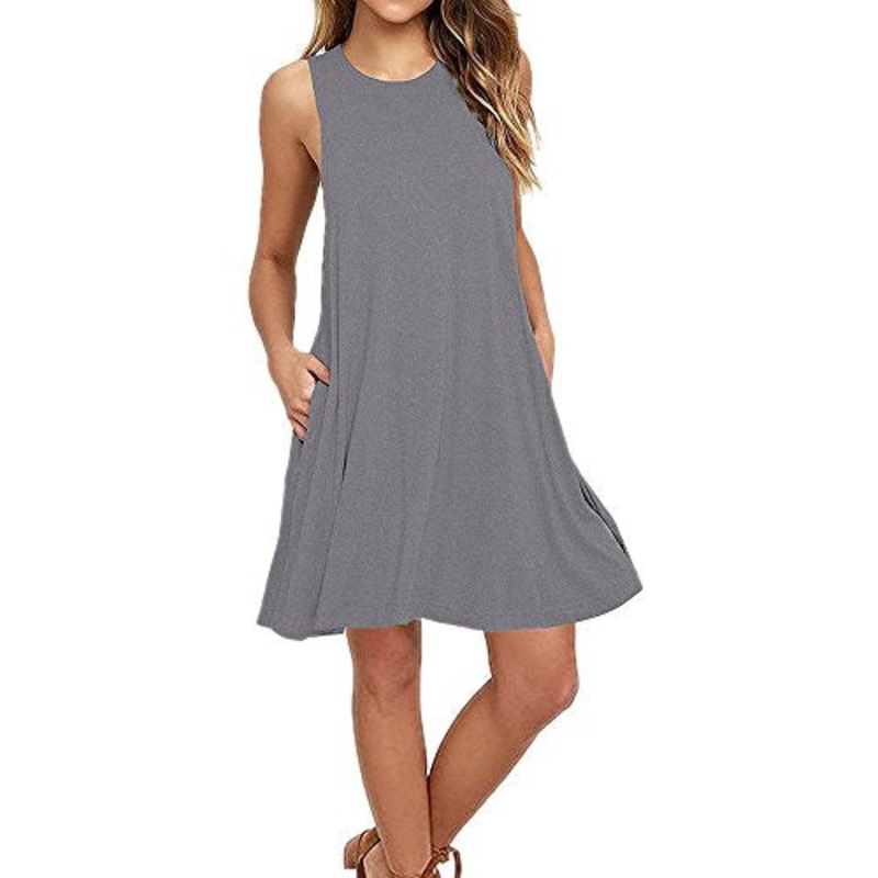 QueenBB Women's Sleeveless Pockets Casual Swing T-Shirt Short Dresses