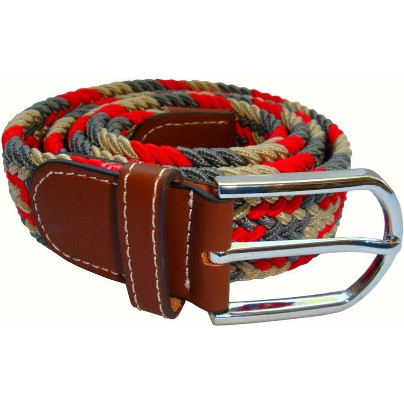 Bassin and Brown Jagged Stripe Elasticated Woven Buckle Belt - Red/Grey/Beige