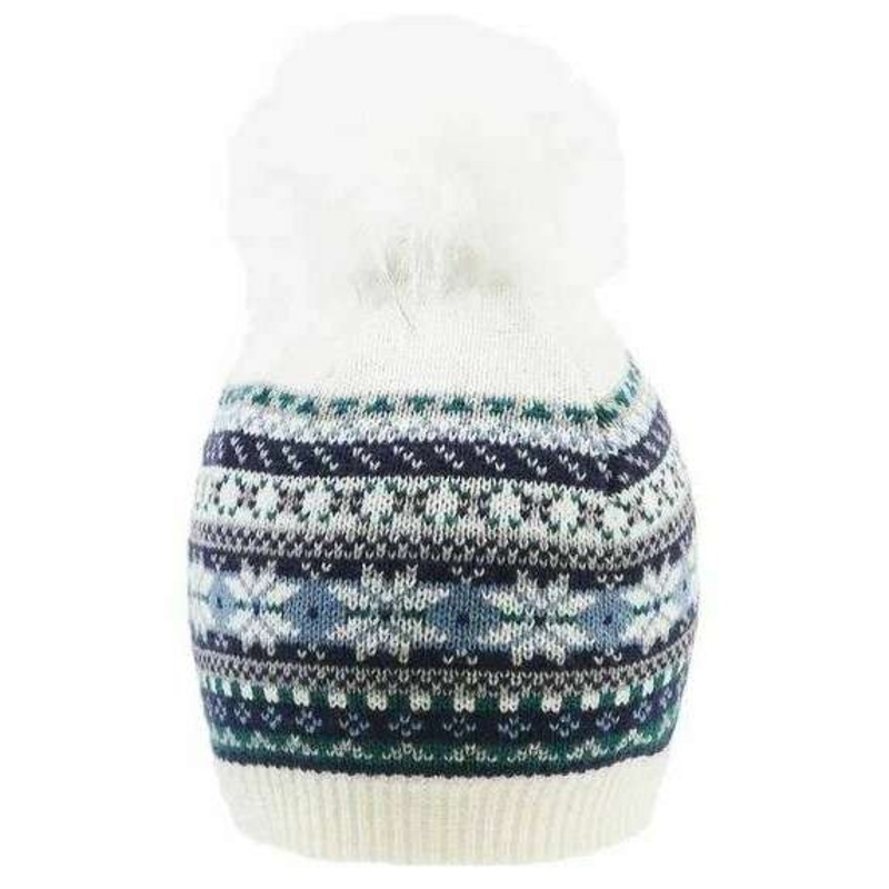 Dents Jacquard Fair Isle Faux Fur Pom Pom Knitted Bobble Hat - Winter White