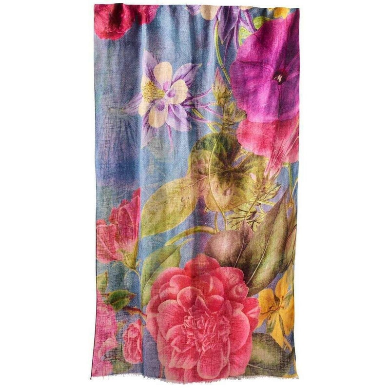 Powder Floral Study Cotton Linen Scarf - Denim Blue