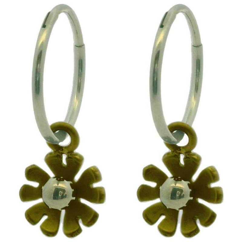 Ti2 Titanium Ten Petal Flower Charm Hoop Earrings - Tan