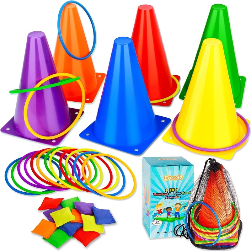 Eocolz 3 in 1 Carnival Games Set, Soft Plastic Cones Bean Bags Ring Toss Games for Kids Birthday Party Outdoor Games Supplies Combo Set