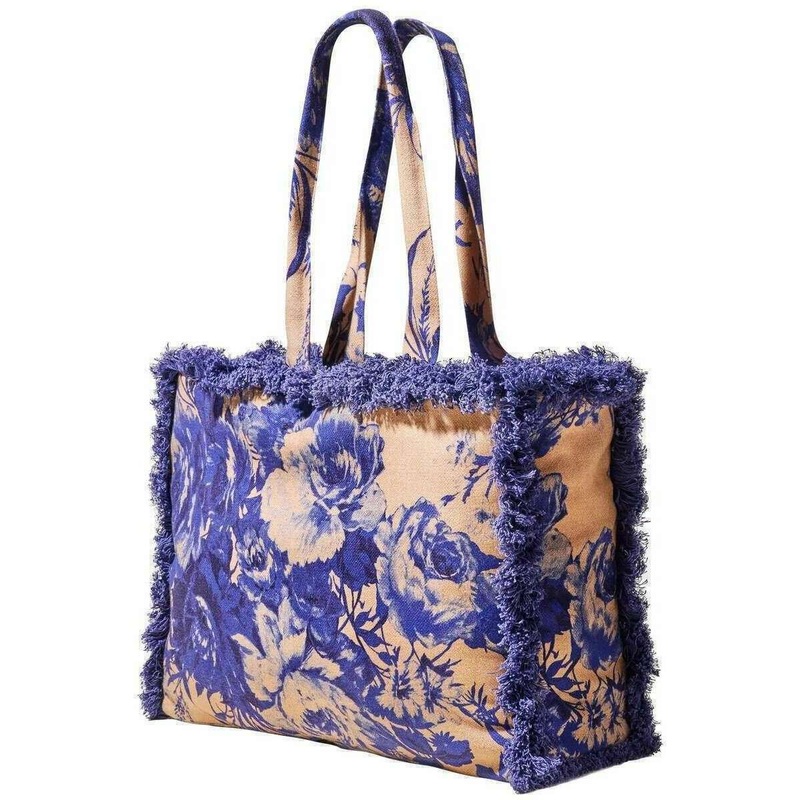 Powder China Blooms Fringed Box Tote - Blue