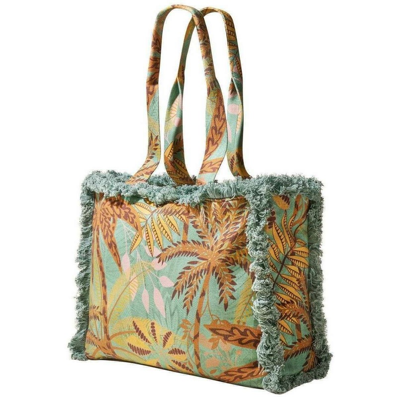 Powder Patterned Palms Fringed Box Tote - Light Blue