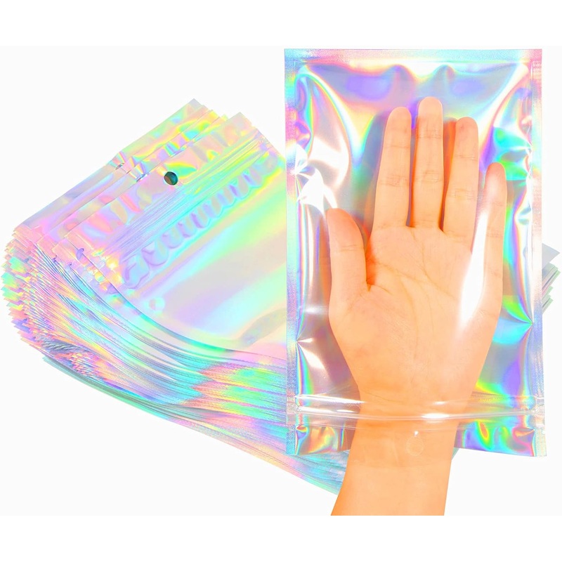 Smell Proof Bags & Resealable Foil Pouch Mylar Sample Bag Great for Party Favor Food Storage (Holographic Color) (50Pcs-5.5X8 Inch)
