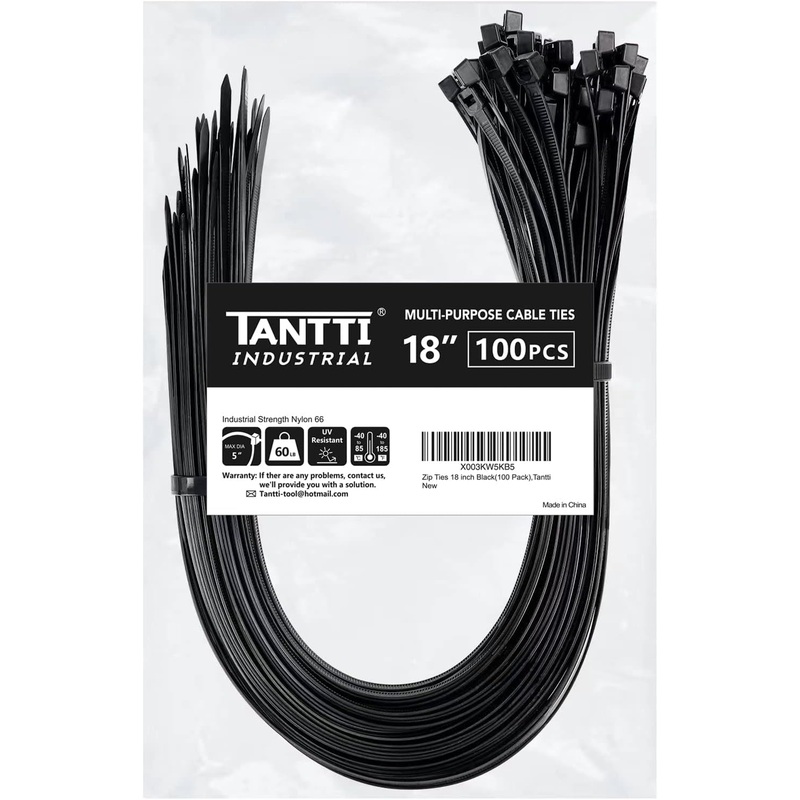 Zip Ties 18 Inch (100 Pack), Black, 60Lb Tensile Strength, UV Resistant Cable Ties for Indoor and Outdoor Use, by Tantti Supply
