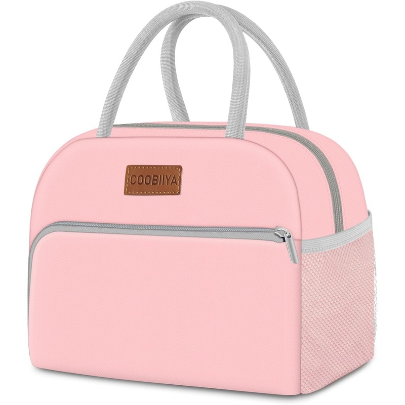 10L Insulated Lunch Tote Bag with Zipper, Multi-Pocket Cooler Picnic Bag, Pink