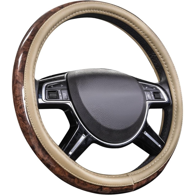 14.5-15 inch Wood Grain Leather Steering Wheel Cover, Universal, Beige