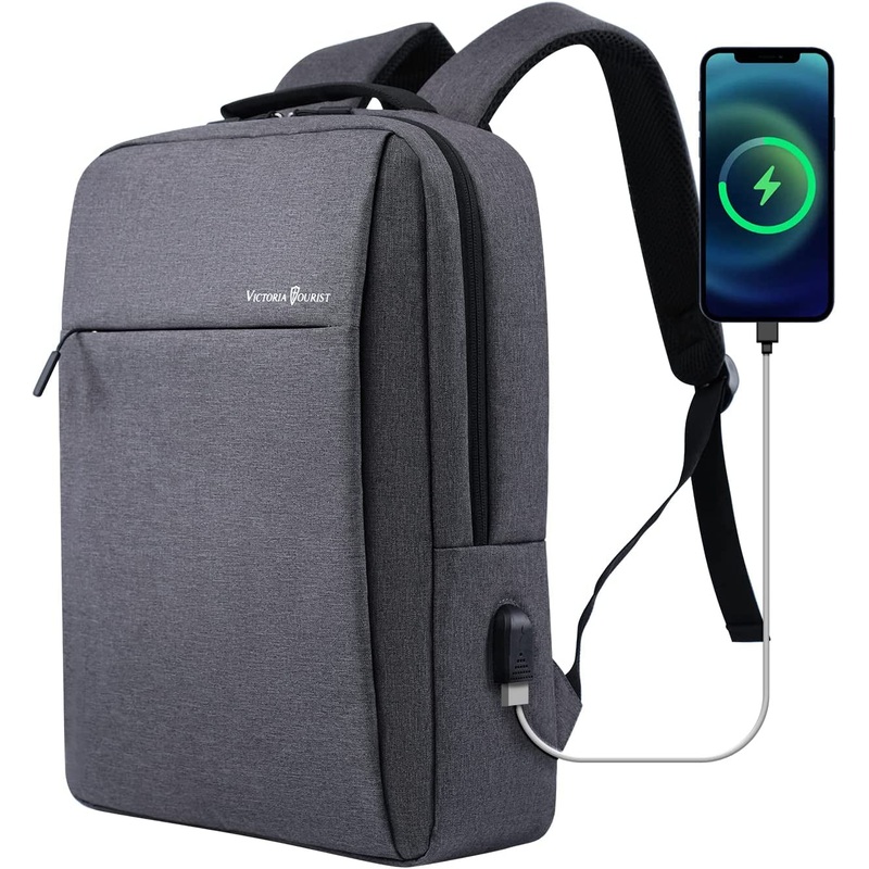 15.6 Inch Business Travel Laptop Backpack with USB Charging Port, Unisex Grey