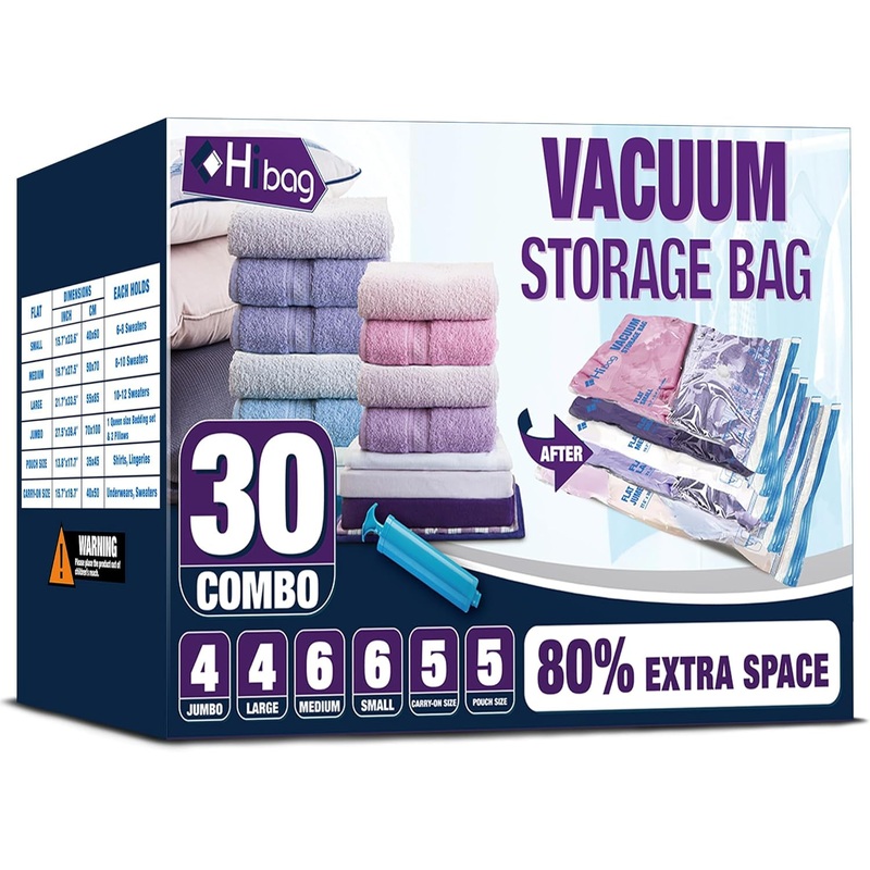 30-Pack Vacuum Storage Bags with Hand Pump for Clothes Comforters & Seasonal Storage