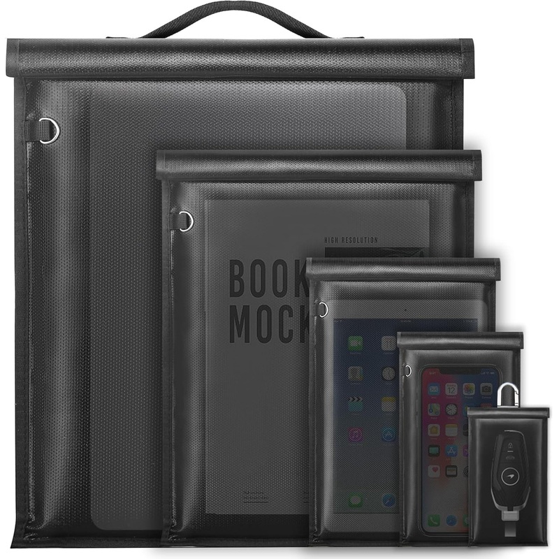 5 Pack Faraday Bags with Handle, Fireproof & Waterproof Signal Blocker