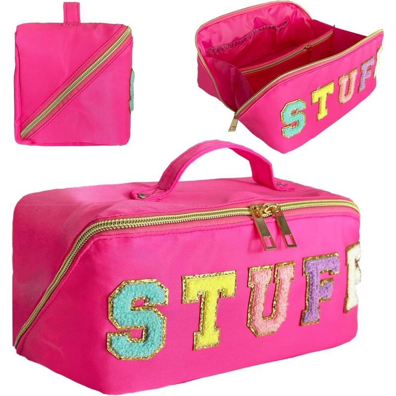 Chenille Letter Makeup Bag, STUFF Letter Travel Organizer, Rose Red