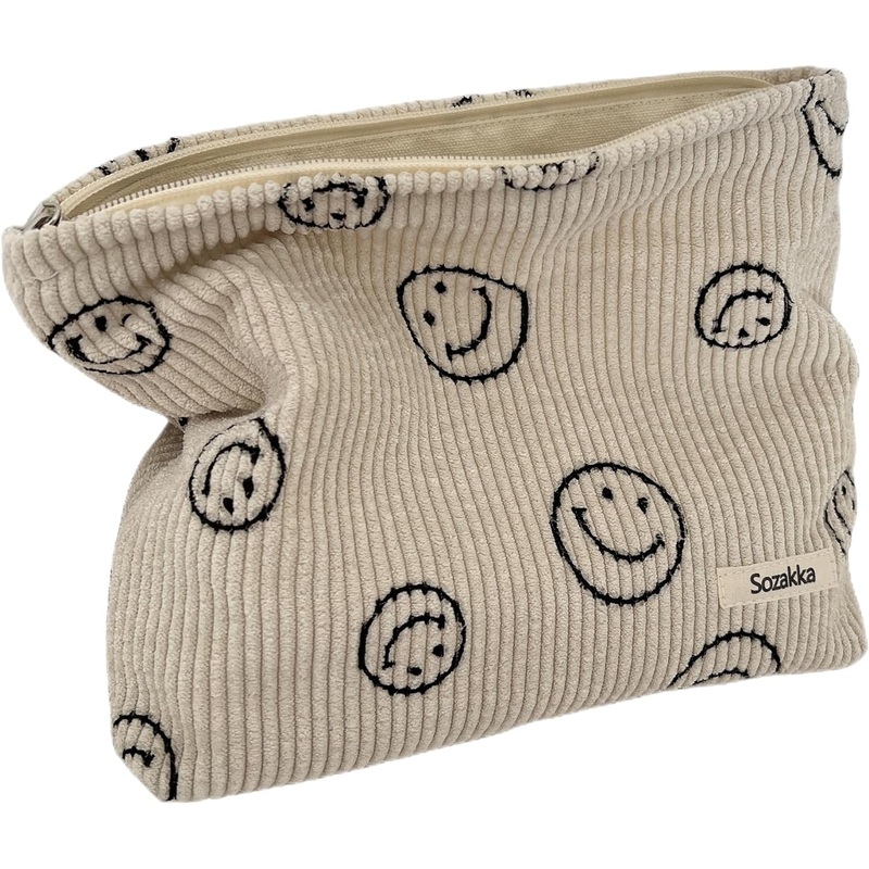 Corduroy Makeup Bags for Women, Aesthetic Smile Cosmetic Organizer, Beige