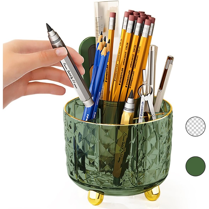 Dark Green Pen Pencil Holder for Desk, 360 Rotating Pen Organizer, Green Office Supplies, Cute Pen Holder, 6-Compartment Pencil Holder Rotating