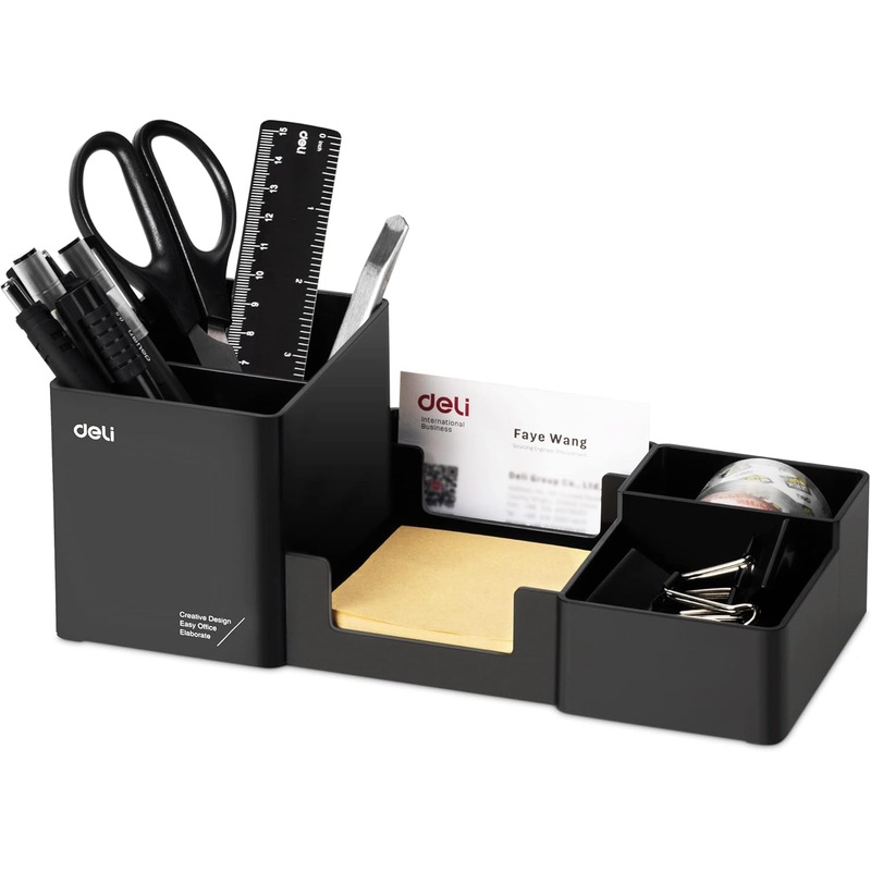 Deli Desk Organizer, Plastic Desktop Organizer with Pencil Holder and Sticky Note Tray, Office Stationery Supplies Organizers Accessories Caddy, 6 Compartments, Black